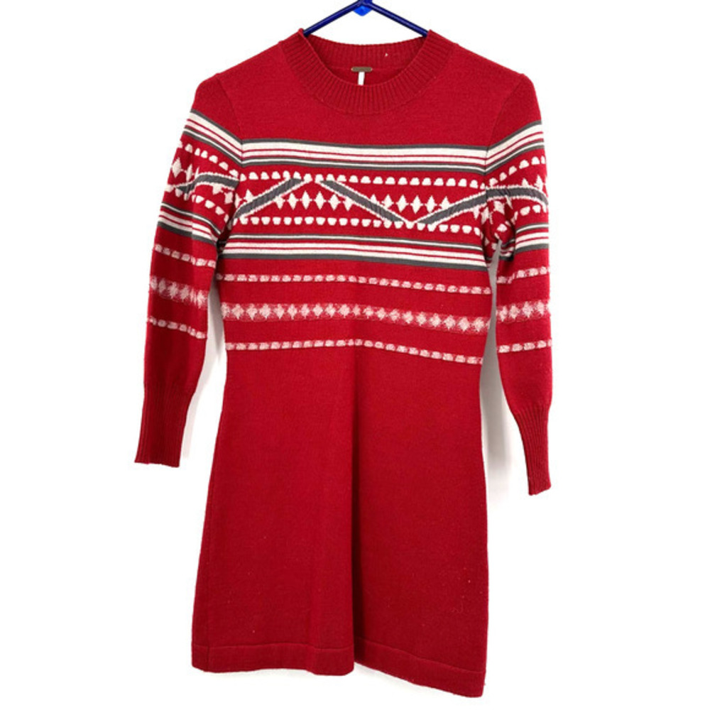Free People size XS Hot Cocoa Sweater Dress Red White Gray fair isle